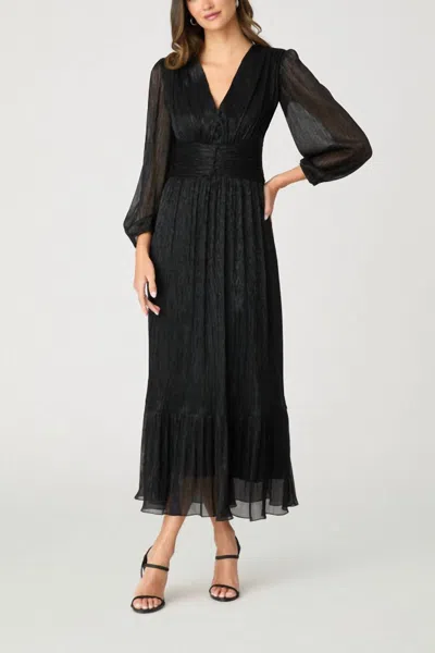 Shoshanna Clara Blouson-sleeve Metallic Empire Midi Dress In Jet