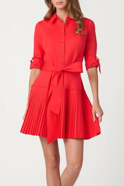 Shoshanna Mclean Pleated Stretch Cotton Mini Shirtdress In Brown