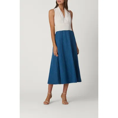 Shoshanna Crinkle Chiffon Denim Combo Bentley Dress In White