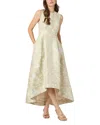 Shoshanna Daniela Pleated High-low Jacquard Gown In Mint/champagne
