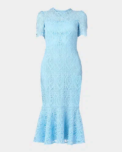 Shoshanna Darcy Geometric Lace Flounce Midi Dress In Sky Blue