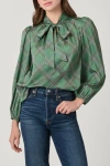 Shoshanna Dashed Plaid Satin Charmeuse Rye Top In Olive Multi