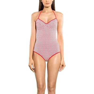 Shoshanna Dot Jacquard Bra Halter One Piece In Red/white In Pink