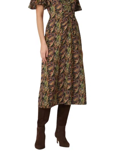 Shoshanna Drew Midi Dress In Jet Teal Rust Multi In Black