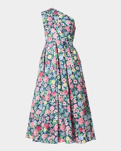 Shoshanna Edina Pleated Floral-print Midi Dress In Navy Multi