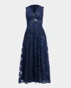 Shoshanna Elliott Sequin Floral-embroidered Midi Dress In Navy