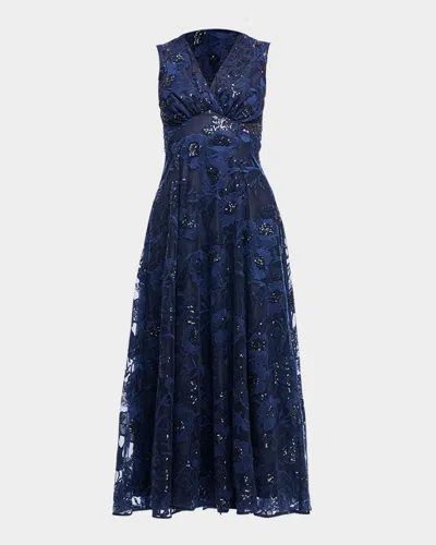 Shoshanna Elliott Sequin Floral-embroidered Midi Dress In Navy