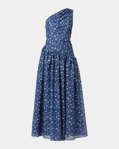 Shoshanna Embroidered One-shoulder Maxi Dress In Blue