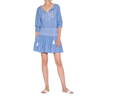 Shoshanna Embroidered Smocked Waist Dress In Chambray In Blue