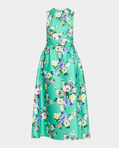 Shoshanna Midnight Bouquet Floral Mikado Estrella Dress In Green