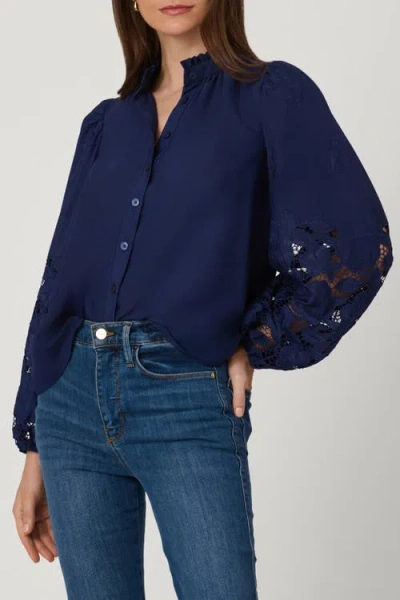 Shoshanna Eyelet Crepe De Chine Ingrid Top In Blue