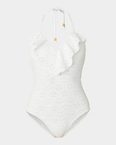 SHOSHANNA EYELET RUFFLE ONE-PIECE SWIMSUIT