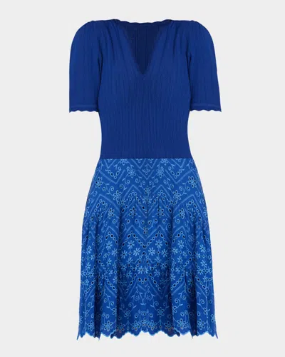 Shoshanna Fallon Eyelet-embroidered Mixed Media Mini Dress In Blue