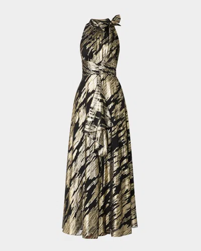 Shoshanna Faye Draped Metallic Jacquard Halter Gown In Jetgold