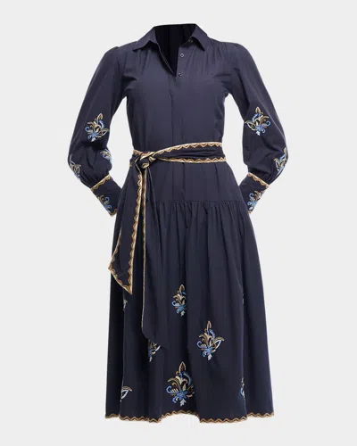 Shoshanna Geer Embroidered Cotton Midi Shirtdress In Navy Multi