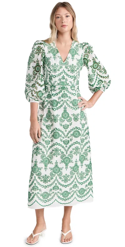 Shoshanna Women's Glenda Embroidered Midi-dress In Emerald Ivory