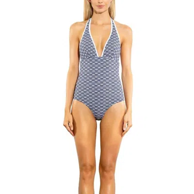 Shoshanna Graphic Wave Jacquard Halter One Piece Swimsuit In Navy/white In Multi