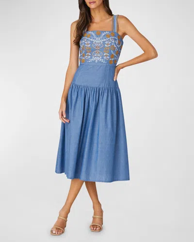 Shoshanna Greta Embroidered Knee-length Dress In Blue