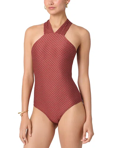 Shoshanna High Neck Wave Texture One Piece Swimsuit In Red