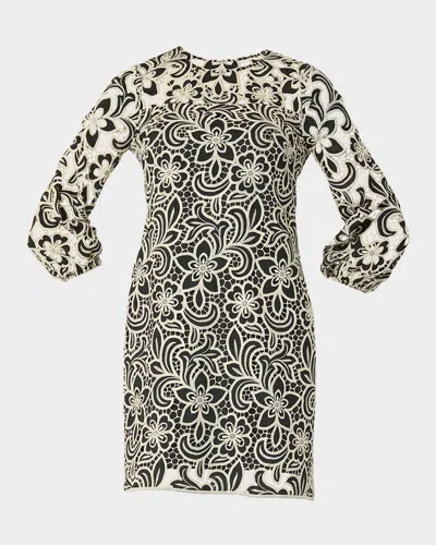 Shoshanna Holland 3/4-sleeve Floral Lace Mini Dress In Jetsand