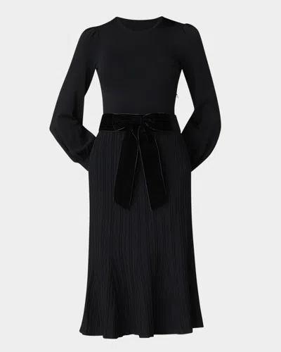 Shoshanna Ida Ribbed Bow-front Midi Dress In Jet