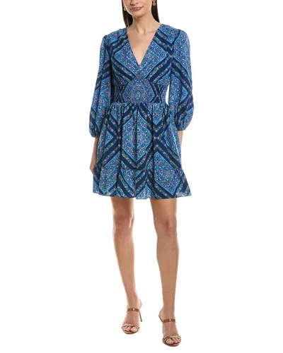 Shoshanna Imogen Smocked Floral-print Empire Mini Dress In Blue
