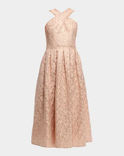 Shoshanna Ivanna Pleated Metallic Jacquard Midi Dress In Rose Gold