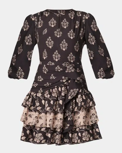 Shoshanna Janelle Tiered Floral Crepe De Chine Mini Dress In Black