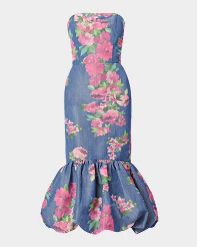 Shoshanna Julieanne Strapless Floral Taffeta Mermaid Midi Dress In Blue