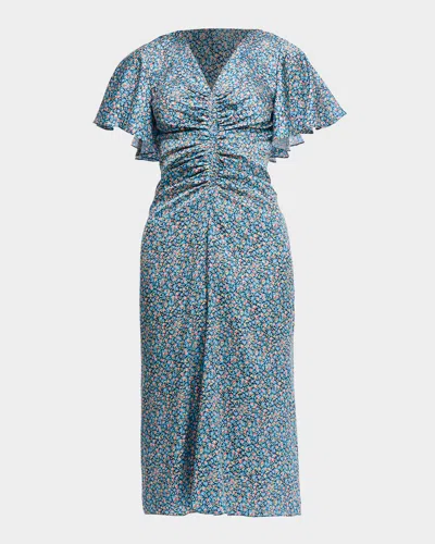 Shoshanna Kailyn Floral-print Gathered Fit-and-flare Dress In Navysky Multi