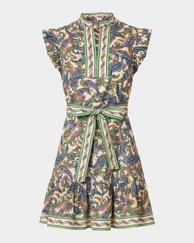 Shoshanna Leah Tie-waist Paisley Stretch-cotton A-line Mini Dress In Blue
