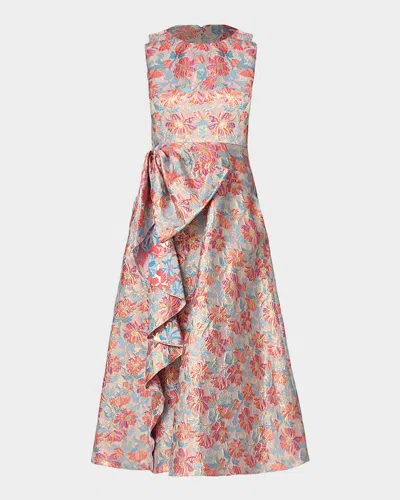 Shoshanna Lena Ruffle Metallic Floral Jacquard Midi Dress In Pink
