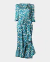Shoshanna Lia Ruffle Floral-print Midi Dress In Blue