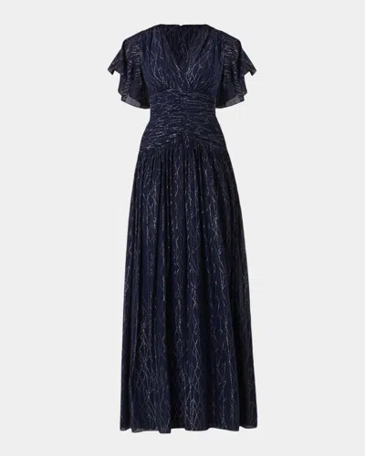 Shoshanna Lilly Flutter-sleeve Metallic Chiffon Gown In Blue
