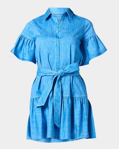Shoshanna Lima Flouce Ruffle Button-down Mini Dress In Blue