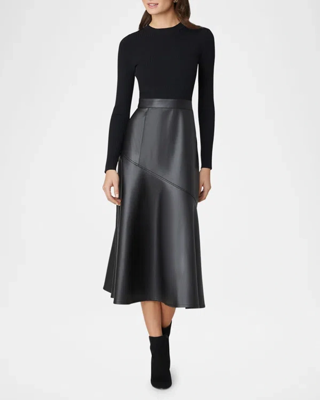 Shoshanna Lonnie Ribbed Knit & Faux Leather Midi Dress In Jet | ModeSens