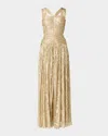 Shoshanna Lora Ruched Metallic Jacquard Gown In Gold Foil