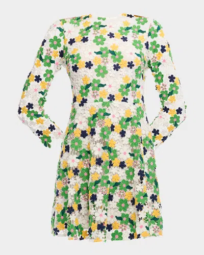 Shoshanna Maddox 3/4-sleeve Floral Lace Mini Dress In Optic Multi