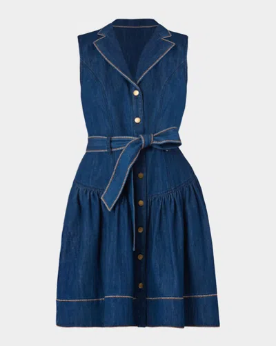 Shoshanna Mae Sleeveless Flounce Cotton Denim Mini Dress In Transparent