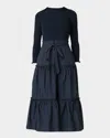 Shoshanna Magda Tiered Mixed Media Midi Dress In Navy