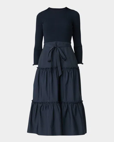 Shoshanna Magda Tiered Mixed Media Midi Dress In Blue