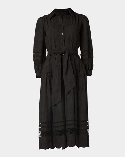 Shoshanna Magnolia Floral-embroidered Midi Shirtdress In Jet