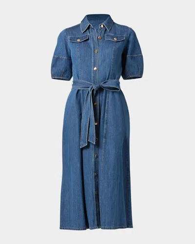 Shoshanna Mara Puff-sleeve Denim Midi Shirtdress In Animal Print