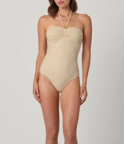 Shoshanna Metallic Seersucker Cinched Bandeau One Piece In Neutral