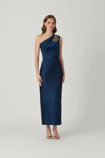 Shoshanna Como Sleeveless Beaded One-shoulder Midi Dress In Blue