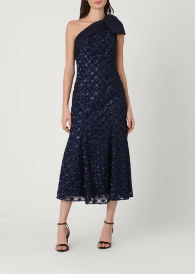 Shoshanna Midnight Diamond Sequin Mesh Selina Dress In Blue