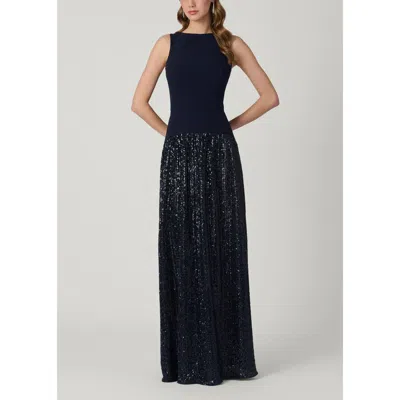 Shoshanna Midnight Dorothy Pleated Sequin Crepe Combo Dress In Blue