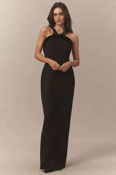 Shoshanna Midnight Gala Velvet Bow Stretch Crepe Maxi Dress In Black