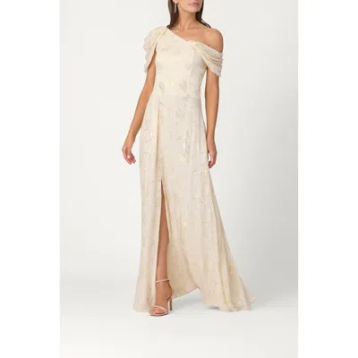 Shoshanna Penelope One-shoulder Metallic Vine Maxi Dress In Neutral