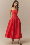 Shoshanna Mikado Posy Strapless Midi Dress In Red